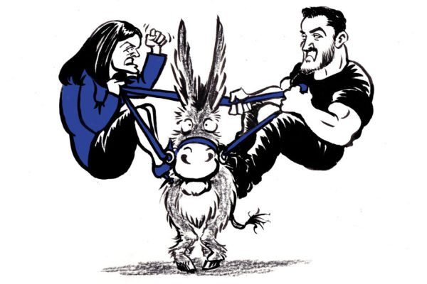 Two people pull a donkey's reins in opposite directions, leaving the startled animal caught in the middle.