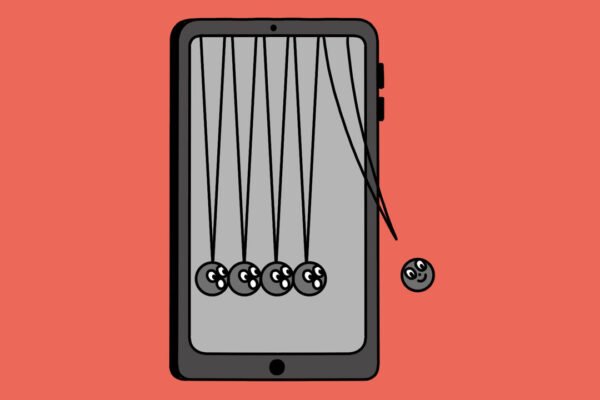 The illustration depicts a game of Newton’s cradle on a smartphone, with one ball swinging outside the phone. It suggests the impact of technology or digital interactions setting off a chain reaction.