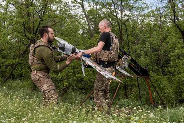 Ukrainian soldiers prepare the Bliskavka attack drone to strike Russian positions in the direction of Kostiantynivka, Donetsk Oblast, Ukraine on May 15, 2026.