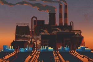 A very large factory connected to a number of smaller factories