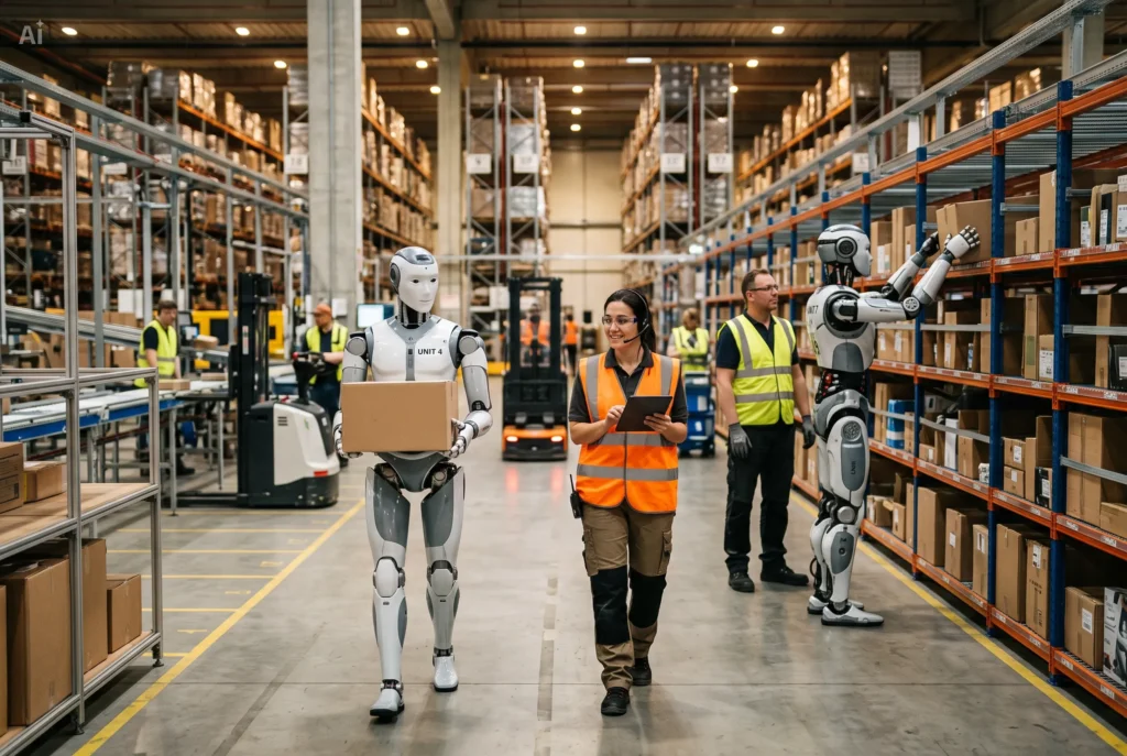 Humanoid robots working alongside people in a futuristic warehouse