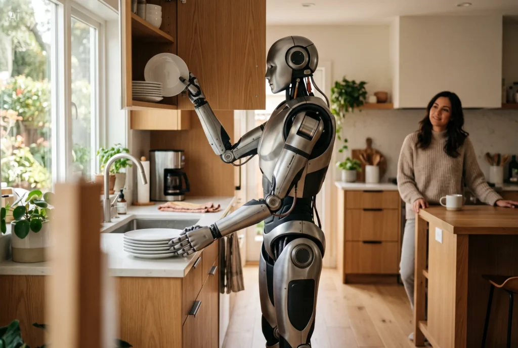 Humanoid robot performing household tasks in a modern home