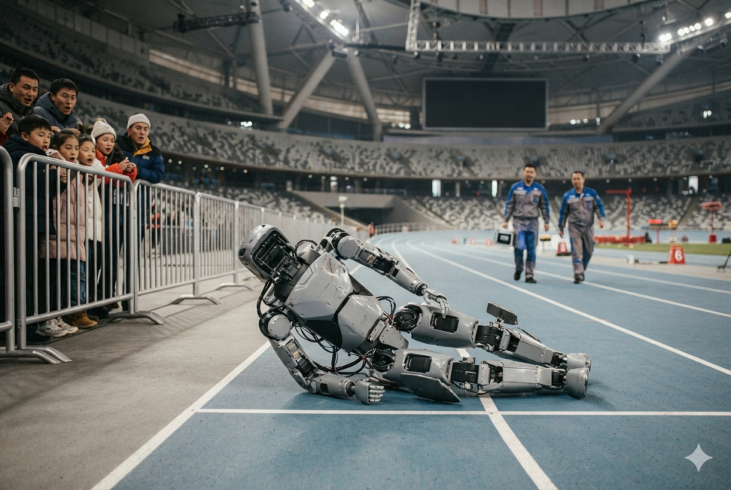 Humanoid robot falling after a race at a robotics competition
