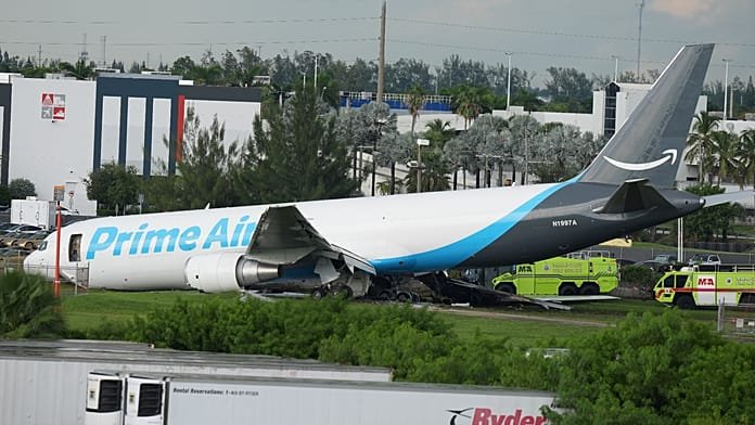 Heavy smoke and flames after Amazon cargo plane overruns runway in Miami