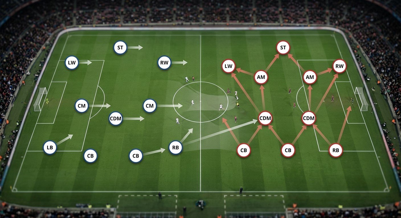 Modern football formations showing a 4-3-3 changing into a fluid 3-2-5 shape