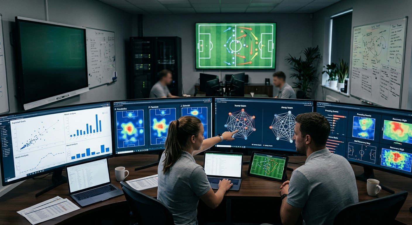 Football analytics dashboard showing xG data, player heatmaps and tactical statistics