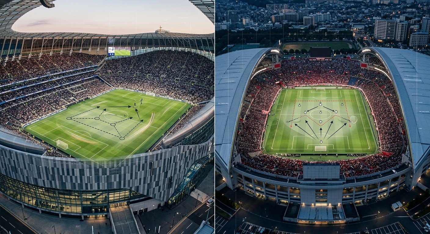 European and Asian football stadiums representing the global spread of modern tactical ideas