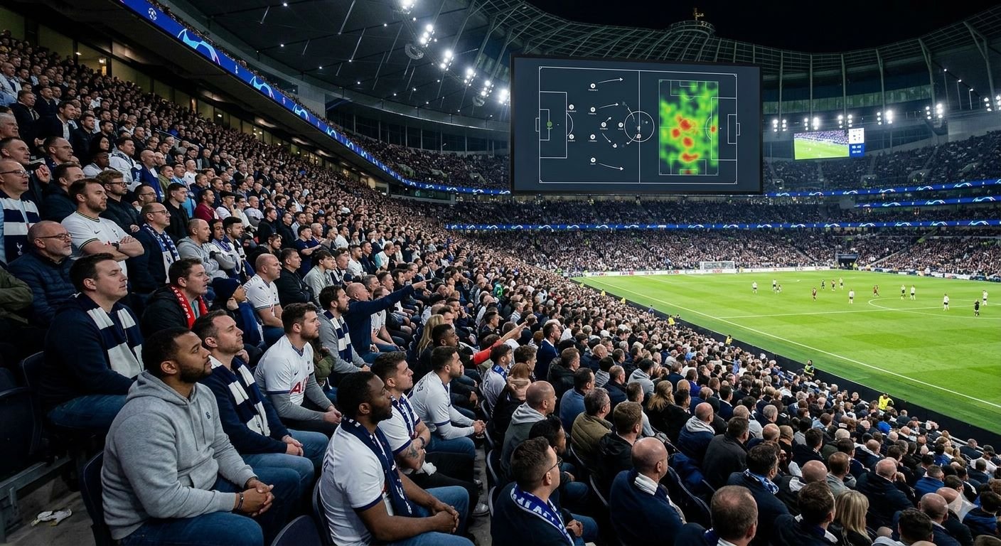 Football fans studying tactical analysis on a large stadium screen